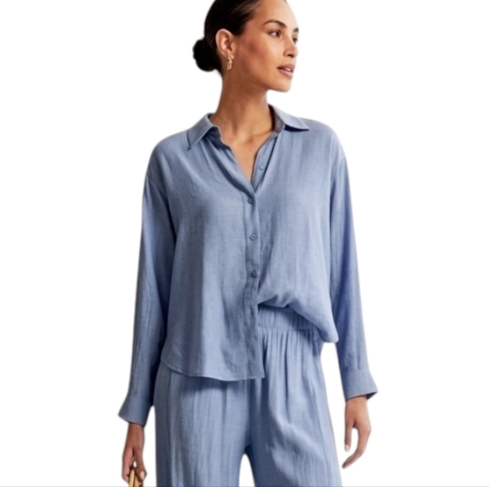 Abercrombie Fitch Crinkle Button Up Shirt Women Small Blue